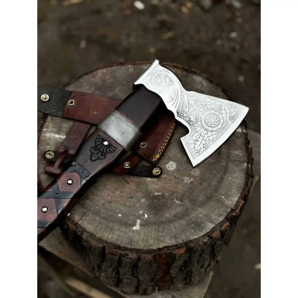 Viking Bearded Axe with Norse Engraved Blade and Leather Sheath