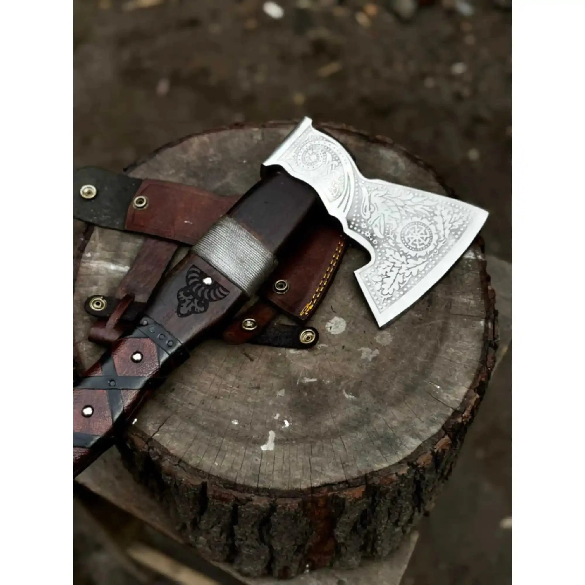 Viking Bearded Axe with Norse Engraved Blade and Leather Sheath