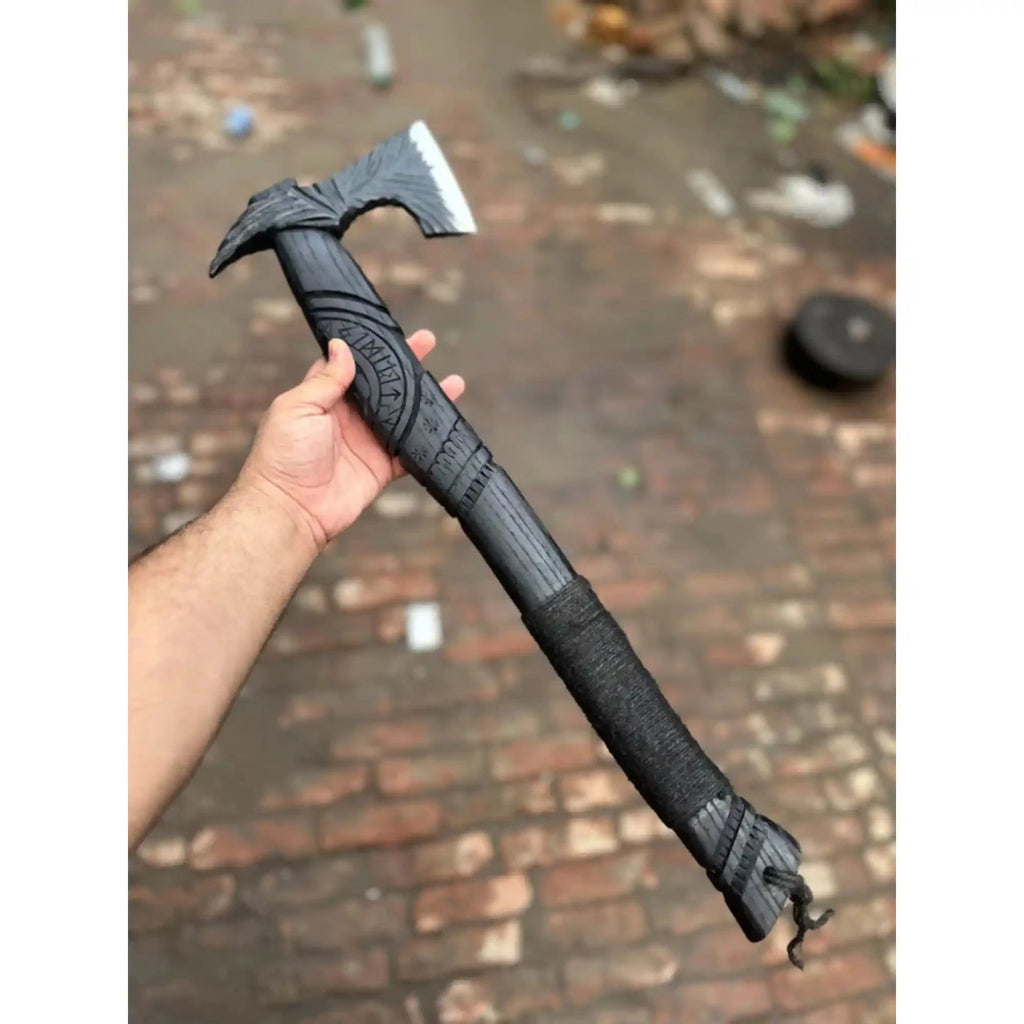 Hand Forged Viking Battle Axe with Carved Black Hardwood Handle