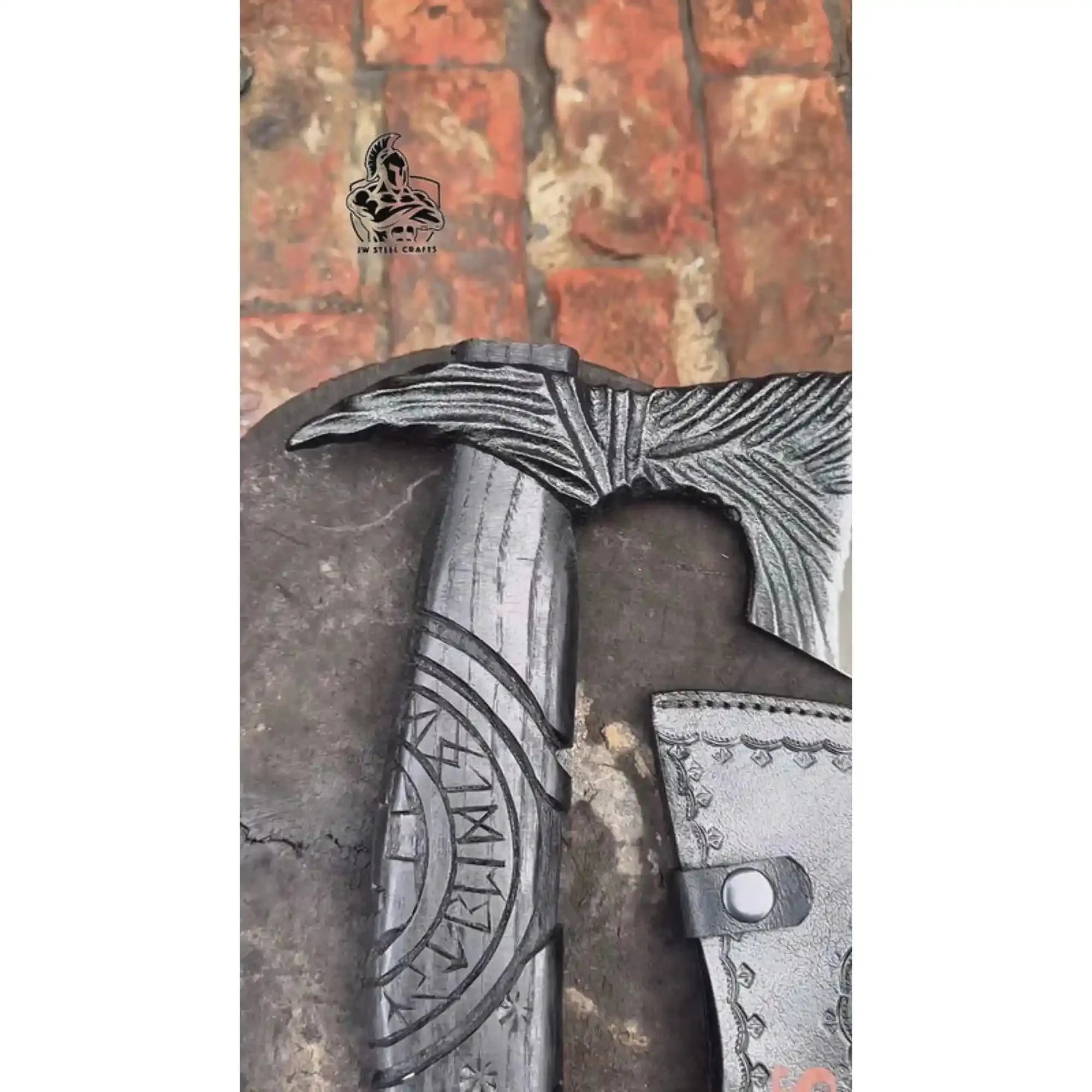 Hand Forged Viking Battle Axe with Carved Black Hardwood Handle