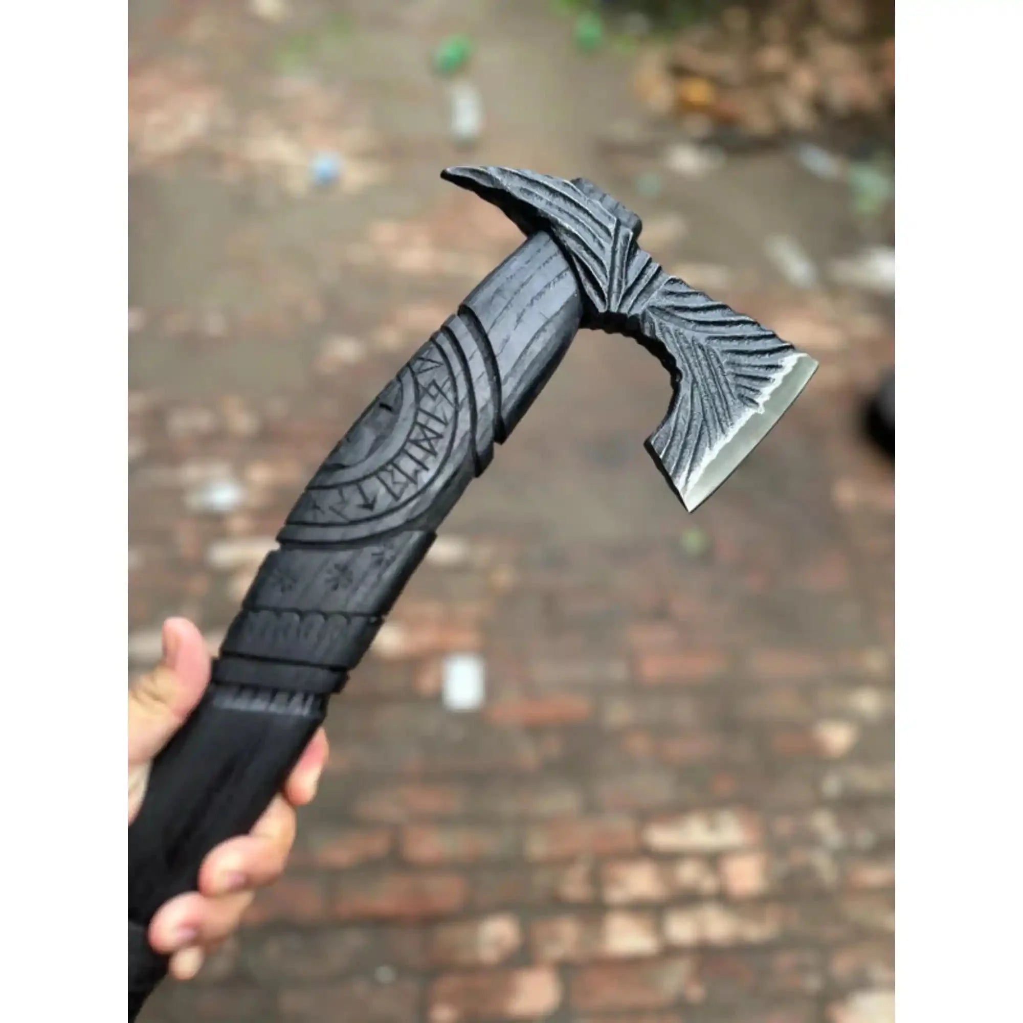 Hand Forged Viking Battle Axe with Carved Black Hardwood Handle