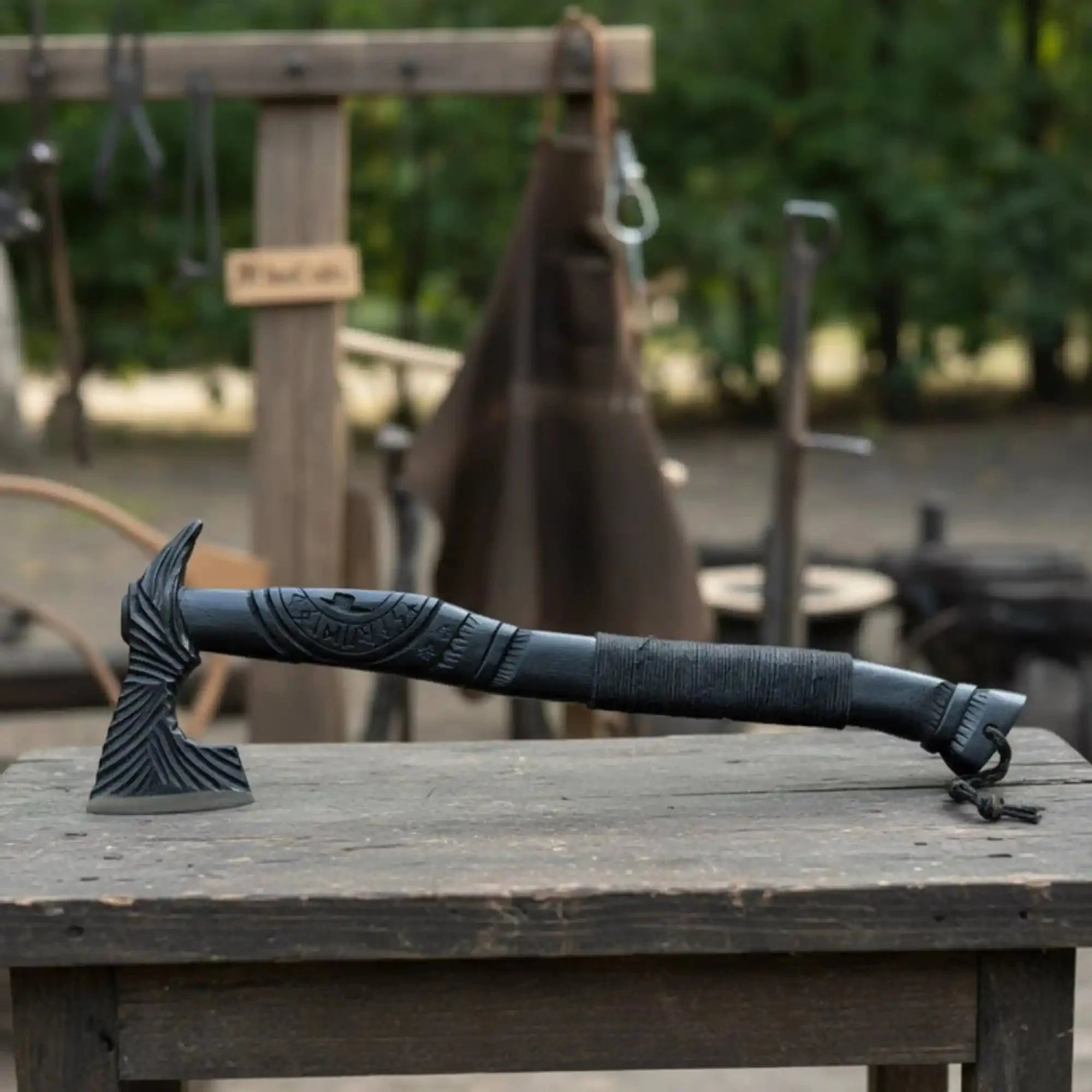 Hand Forged Viking Battle Axe with Carved Black Hardwood Handle