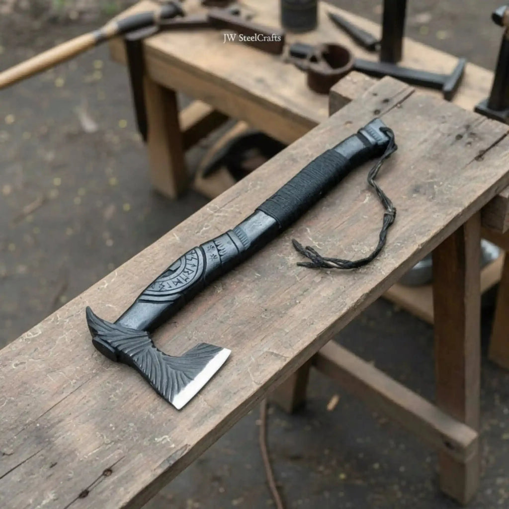 Hand Forged Viking Battle Axe with Carved Black Hardwood Handle