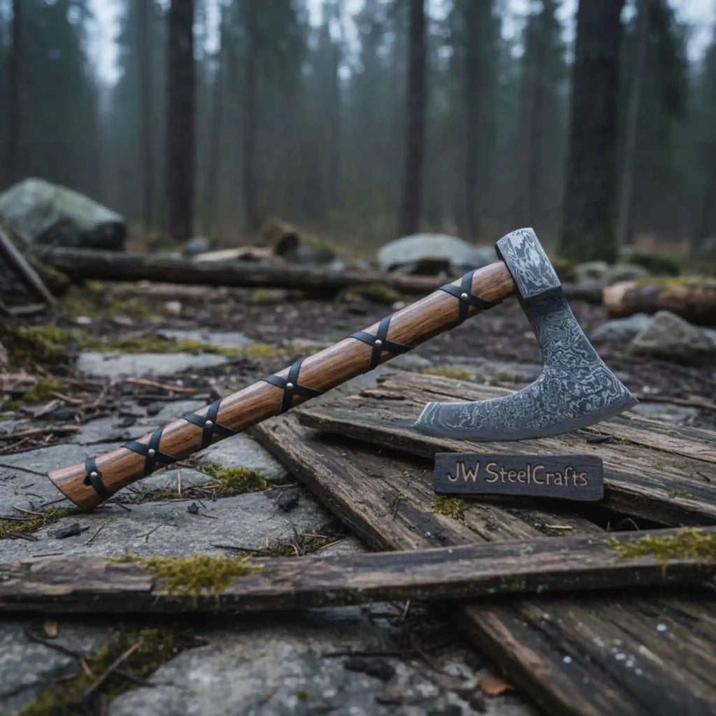 Handmade Damascus Skeggøx Bearded Axe with Leather Wrap and Sheath