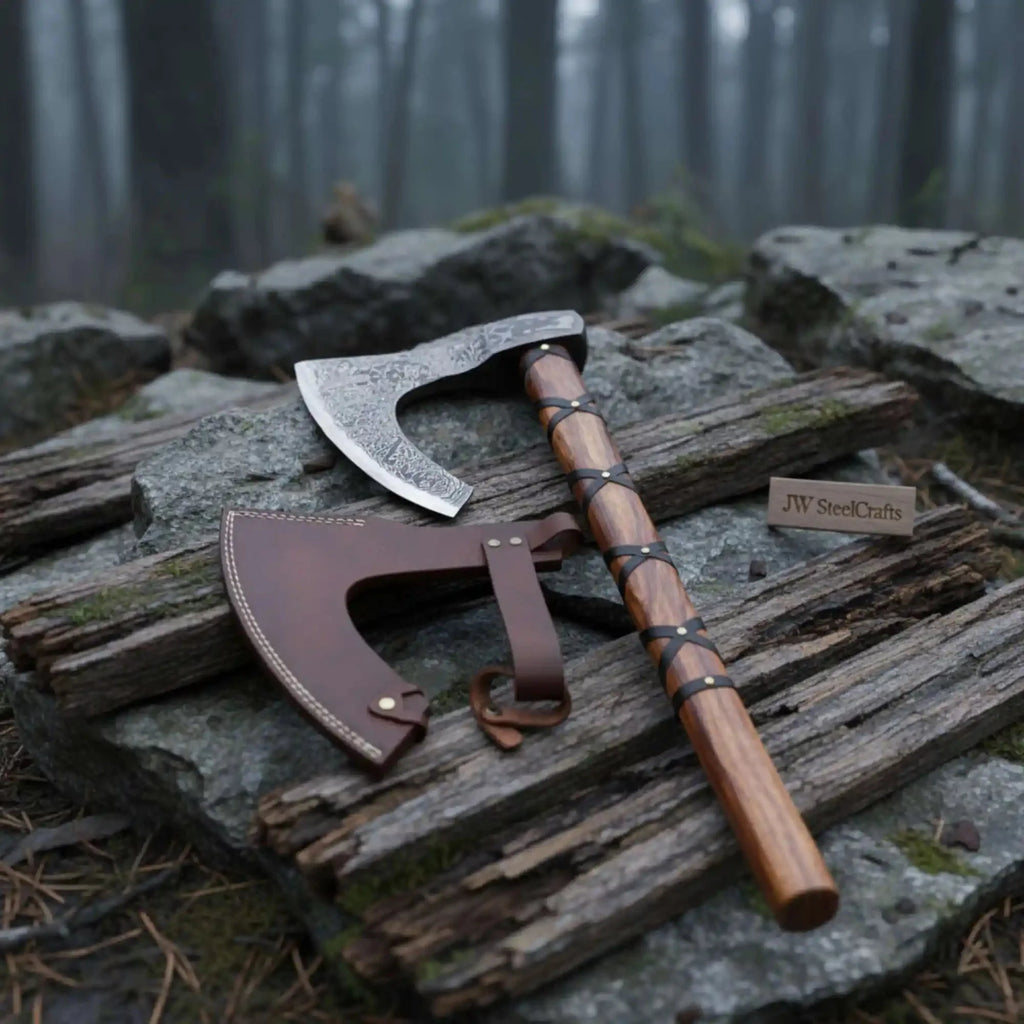 Handmade Damascus Skeggøx Bearded Axe with Leather Wrap and Sheath