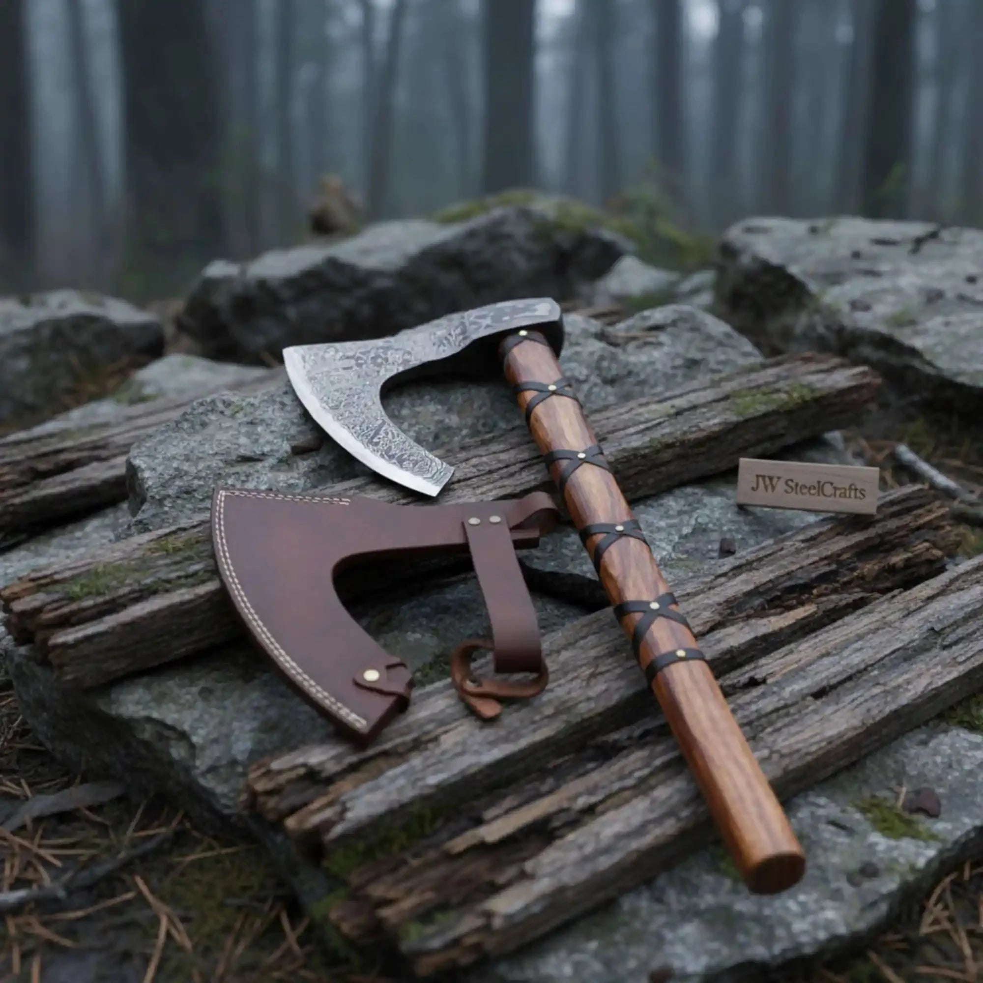 Handmade Damascus Skeggøx Bearded Axe with Leather Wrap and Sheath